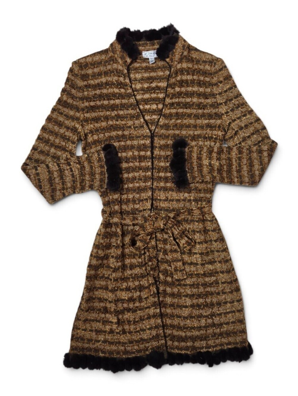 Vintage St John Sport Marie Gray Rabbit Fur Trim Wool Belted Sweater Coat Medium - Picture 2 of 13